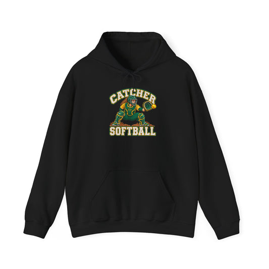 Catcher Softball Hoodie — Vintage Green & Gold Catcher Graphic