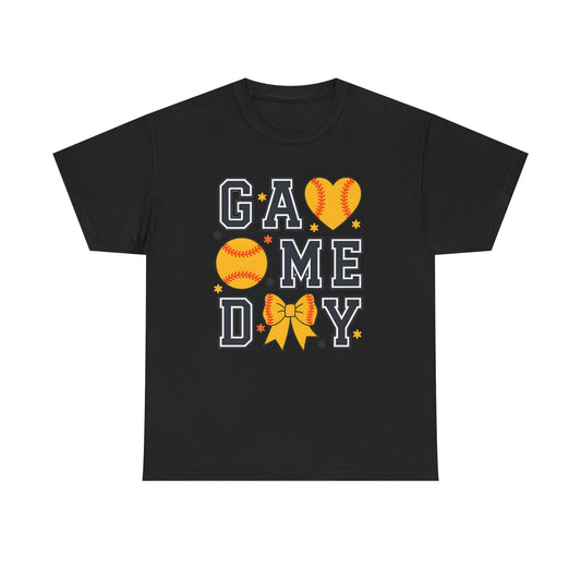Game Day Softball T-Shirt — 'GAME DAY' Graphic with Hearts, Ball & Bow