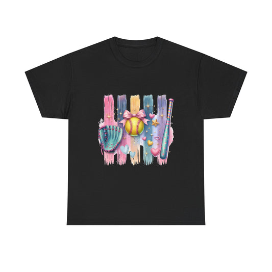 Softball Gear Watercolor T-Shirt — Baseball Bat, Glove & Ball Design – product image 2