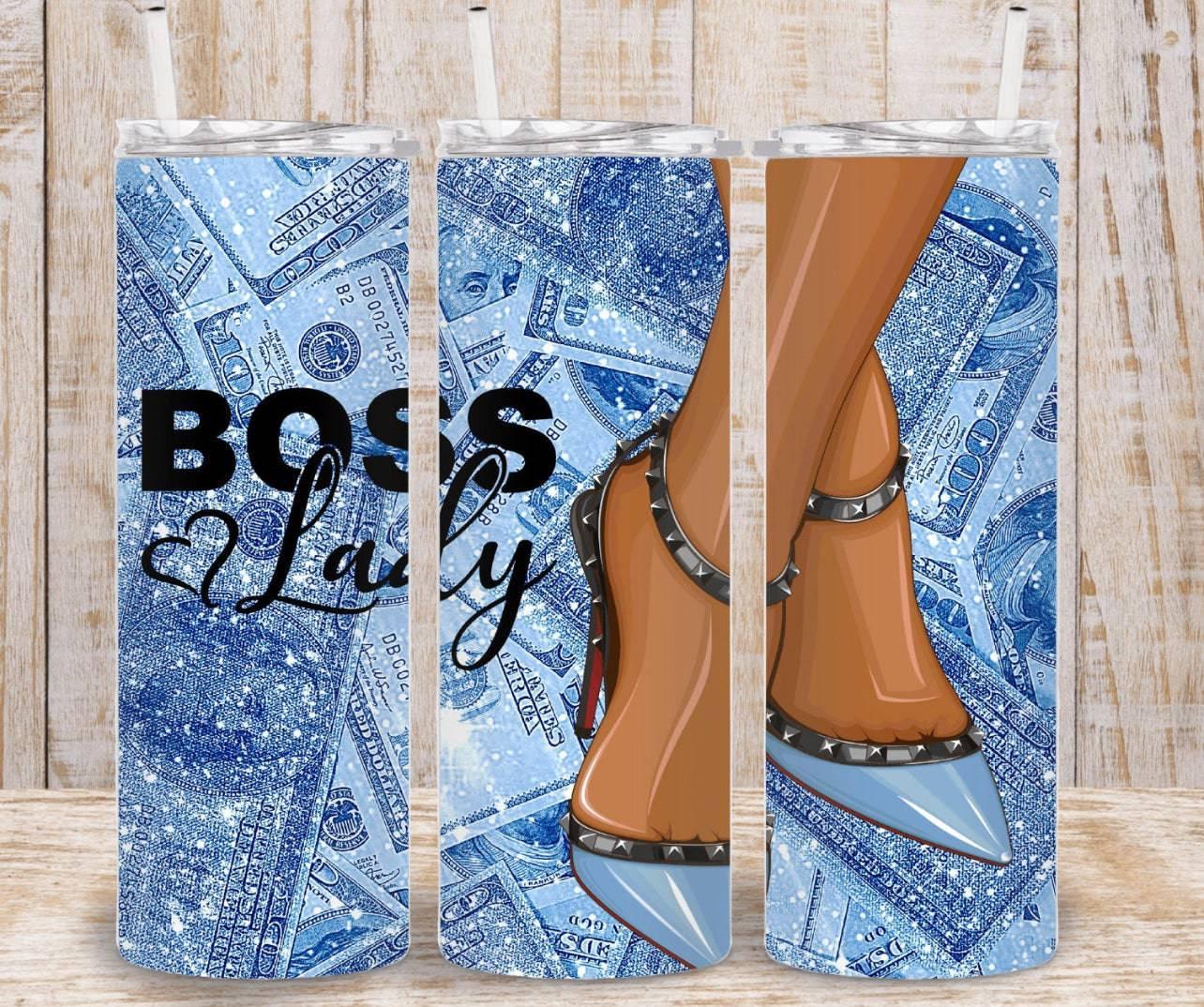 Boss Lady Blue 20oz Tumbler With Glitter And Dollar Bill Fashion Legs For On The Go Style And Temperature Control - KW CUSTOM CREATIONS