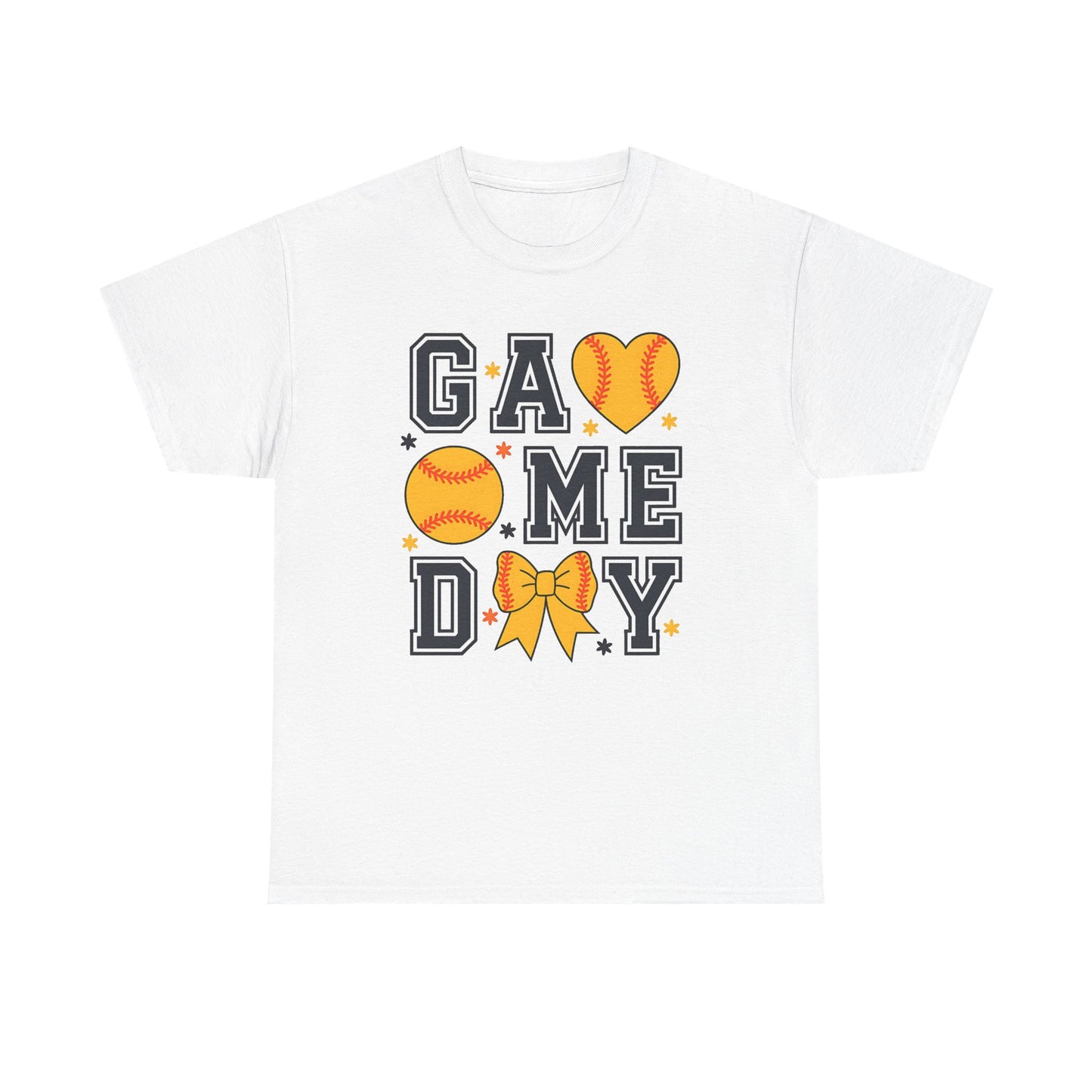 Game Day Softball T-Shirt — 'GAME DAY' Graphic with Hearts, Ball & Bow
