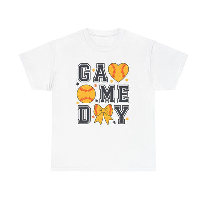 Game Day Softball T-Shirt — 'GAME DAY' Graphic with Hearts, Ball & Bow