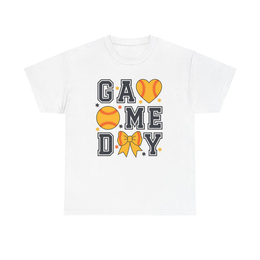 Game Day Softball T-Shirt — 'GAME DAY' Graphic with Hearts, Ball & Bow