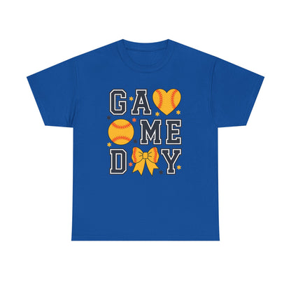Game Day Softball T-Shirt — 'GAME DAY' Graphic with Hearts, Ball & Bow
