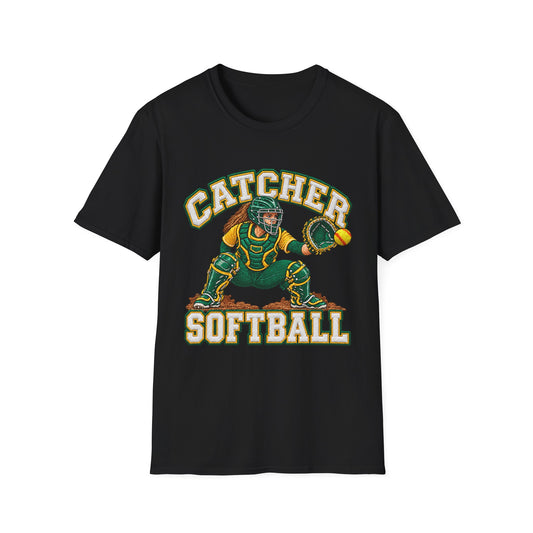 Catcher Softball T-Shirt — Vintage Green & Gold Softball Catcher Tee