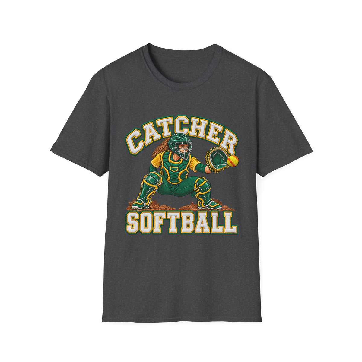 Catcher Softball T-Shirt — Vintage Green & Gold Softball Catcher Tee