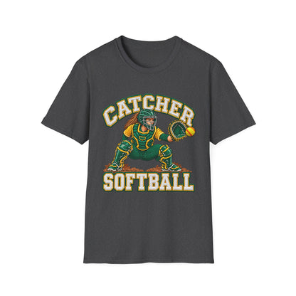 Catcher Softball T-Shirt — Vintage Green & Gold Softball Catcher Tee