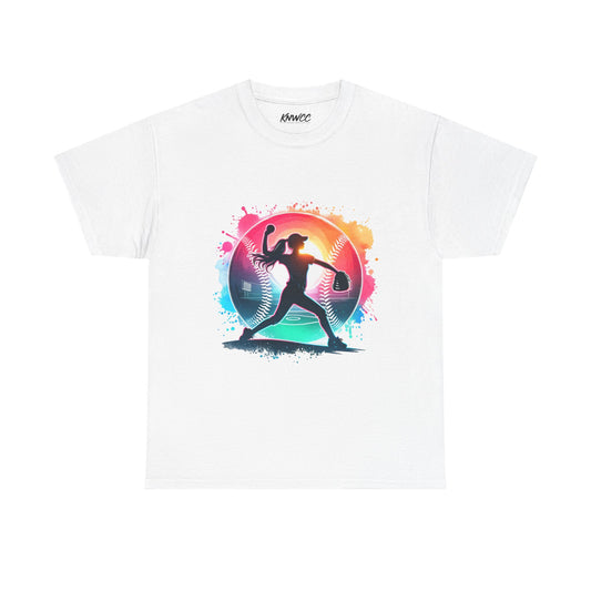 Running Silhouette Softball Tee — Colorful Sunset Runner Graphic Shirt – product image 1
