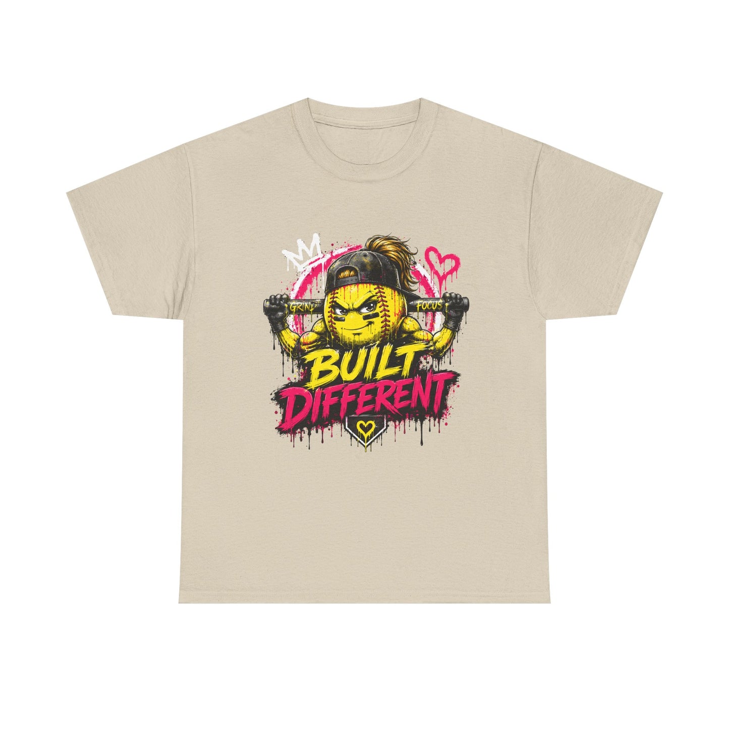Built Different Softball Tee — Grunge Cartoon Muscular Player with Bat