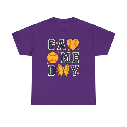 Game Day Softball T-Shirt — 'GAME DAY' Graphic with Hearts, Ball & Bow