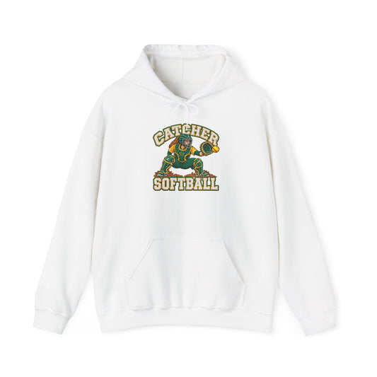 Catcher Softball Hoodie — Vintage Green & Gold Catcher Graphic