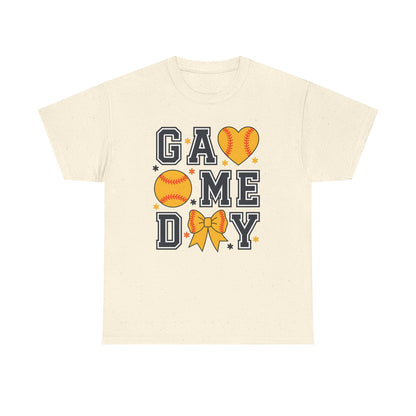 Game Day Softball T-Shirt — 'GAME DAY' Graphic with Hearts, Ball & Bow
