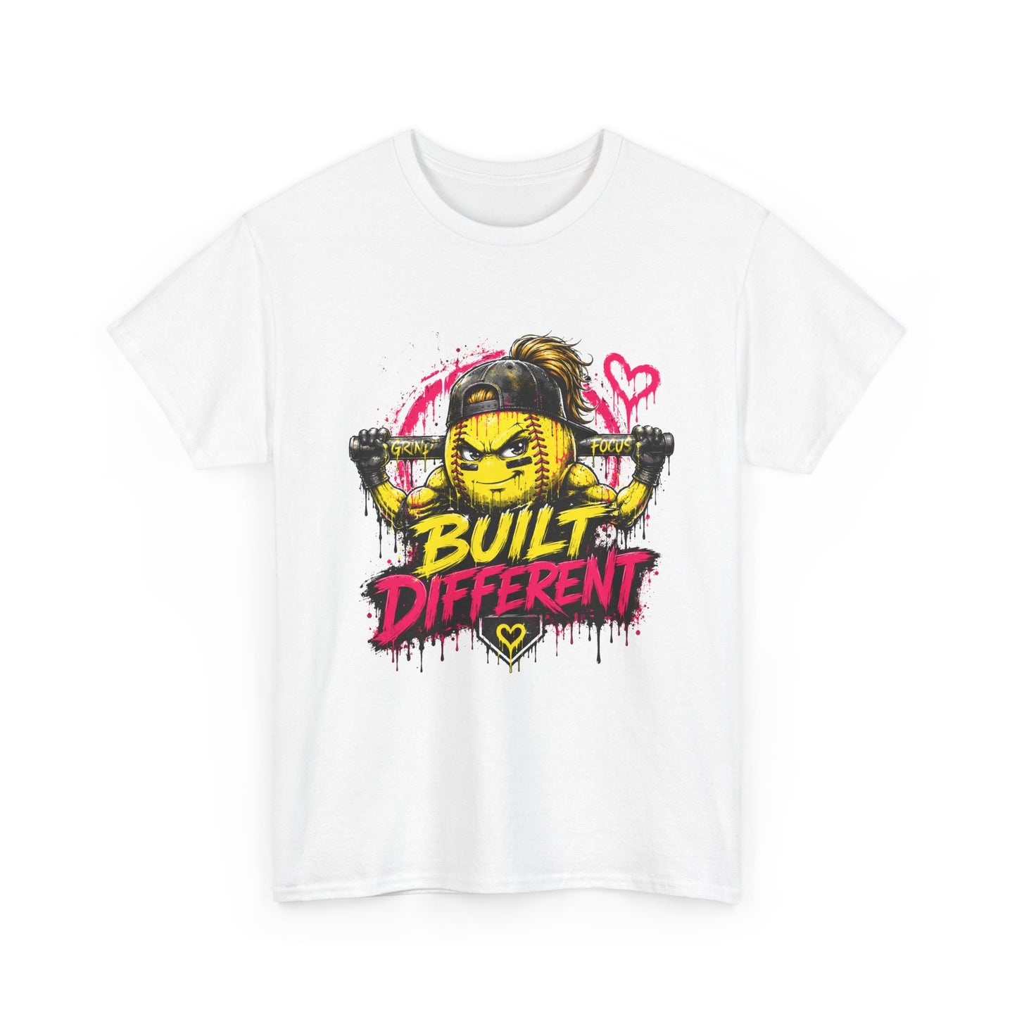 Built Different Softball Tee — Grunge Cartoon Muscular Player with Bat