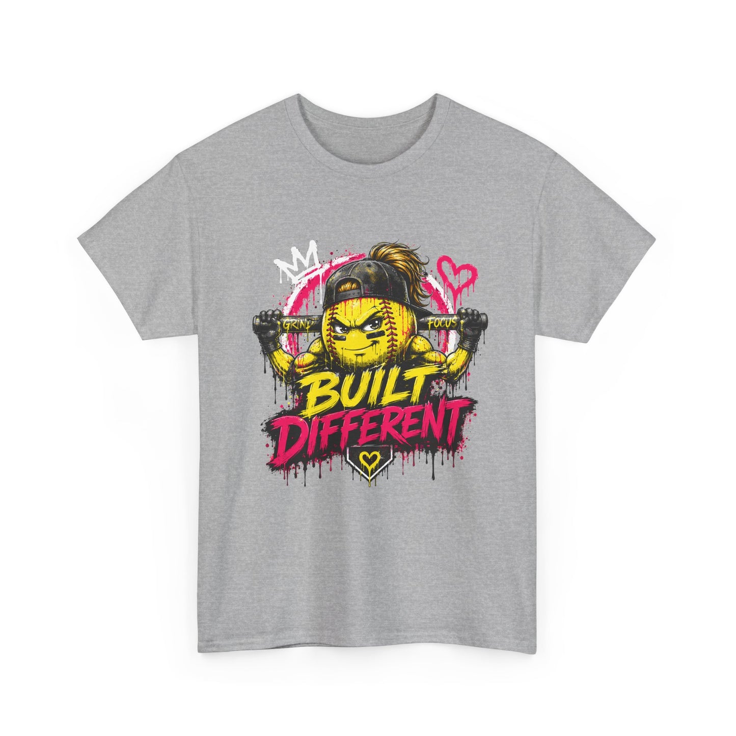 Built Different Softball Tee — Grunge Cartoon Muscular Player with Bat