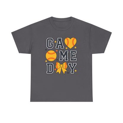 Game Day Softball T-Shirt — 'GAME DAY' Graphic with Hearts, Ball & Bow