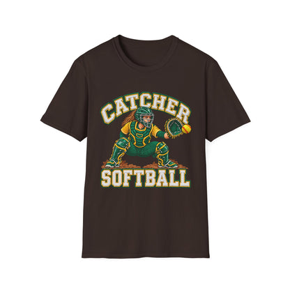 Catcher Softball T-Shirt — Vintage Green & Gold Softball Catcher Tee