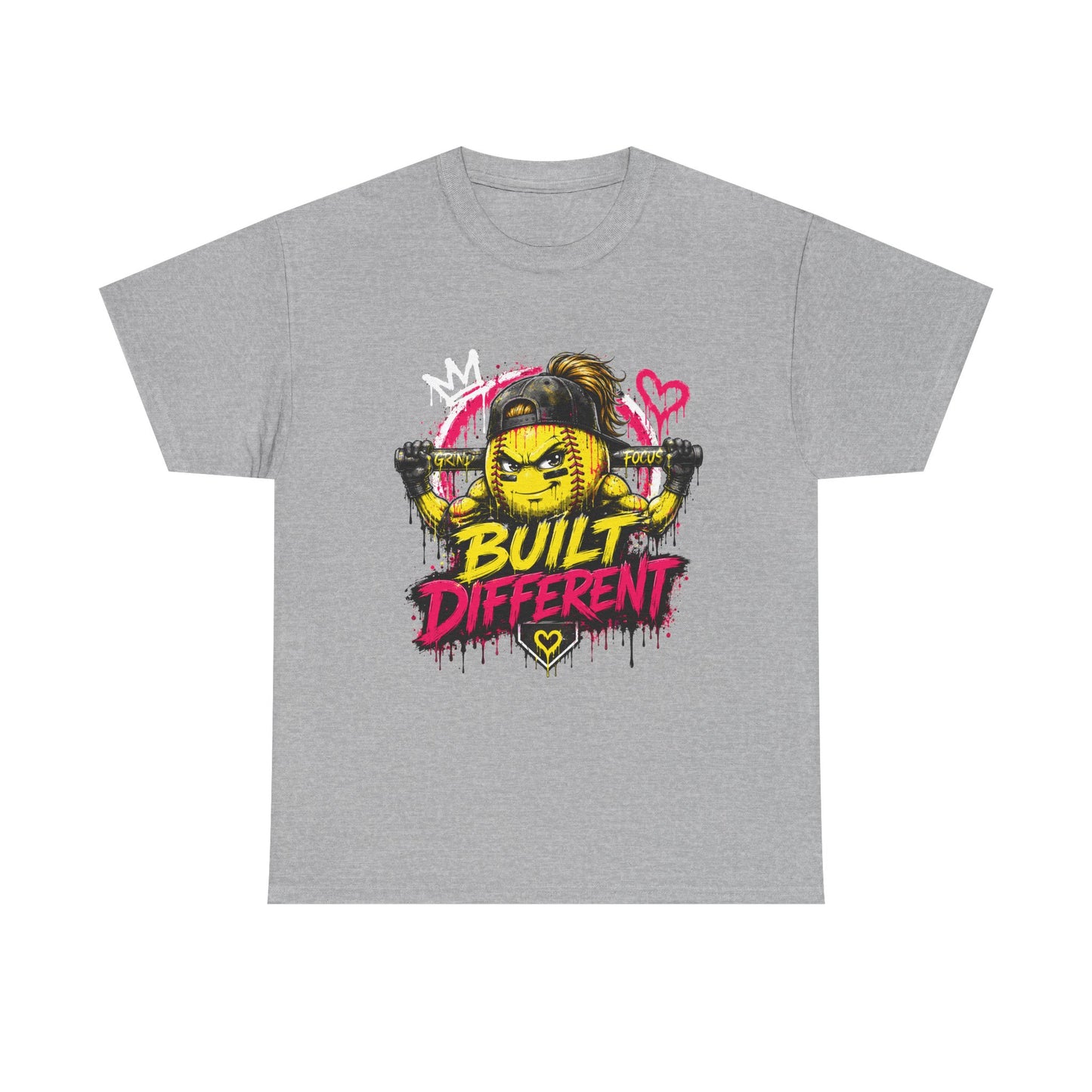Built Different Softball Tee — Grunge Cartoon Muscular Player with Bat
