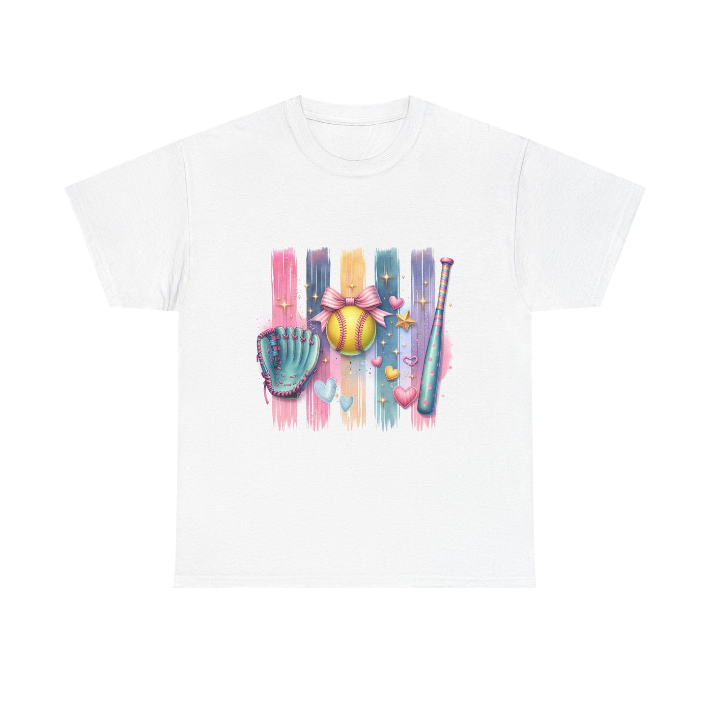 Softball Gear Watercolor T-Shirt — Baseball Bat, Glove & Ball Design