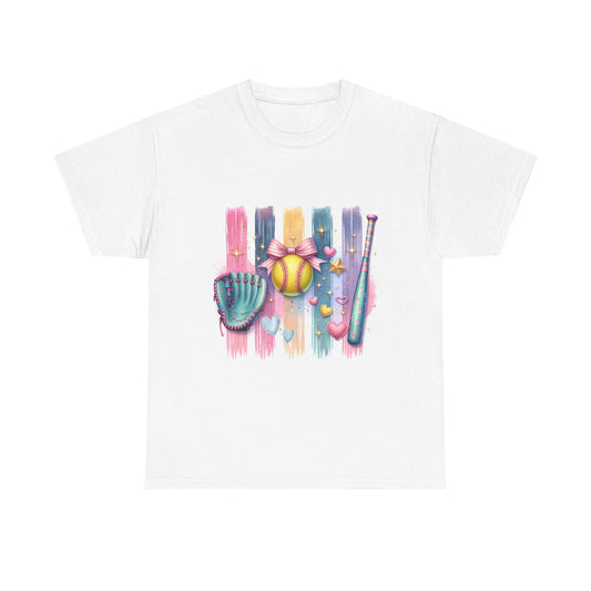 Softball Gear Watercolor T-Shirt — Baseball Bat, Glove & Ball Design