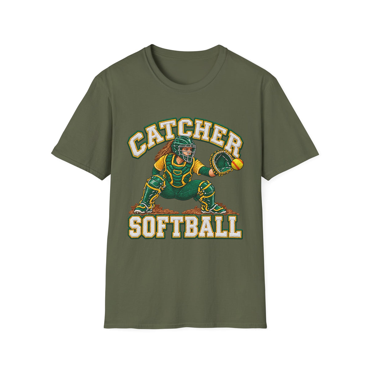 Catcher Softball T-Shirt — Vintage Green & Gold Softball Catcher Tee