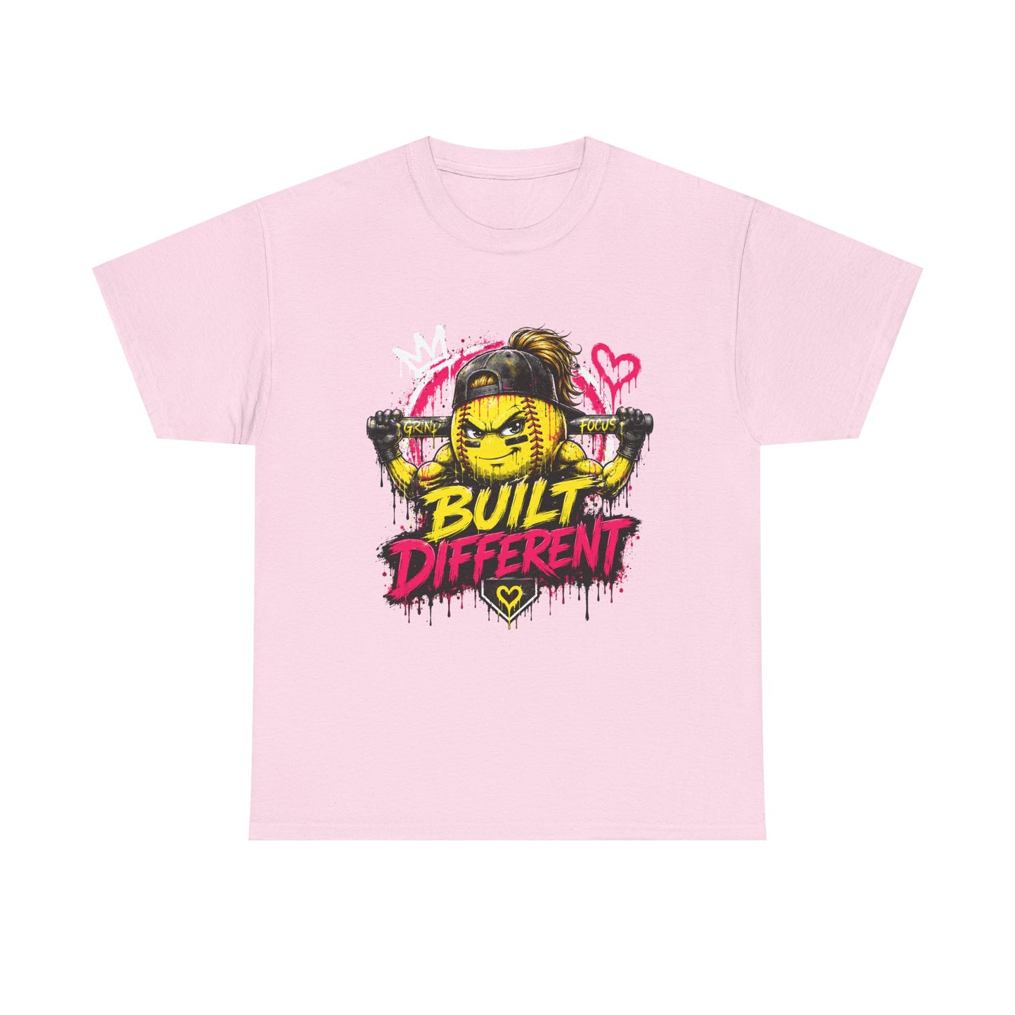 Built Different Softball Tee — Grunge Cartoon Muscular Player with Bat