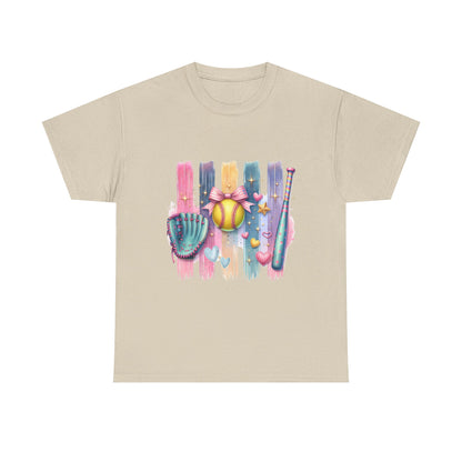 Softball Gear Watercolor T-Shirt — Baseball Bat, Glove & Ball Design – product image 3