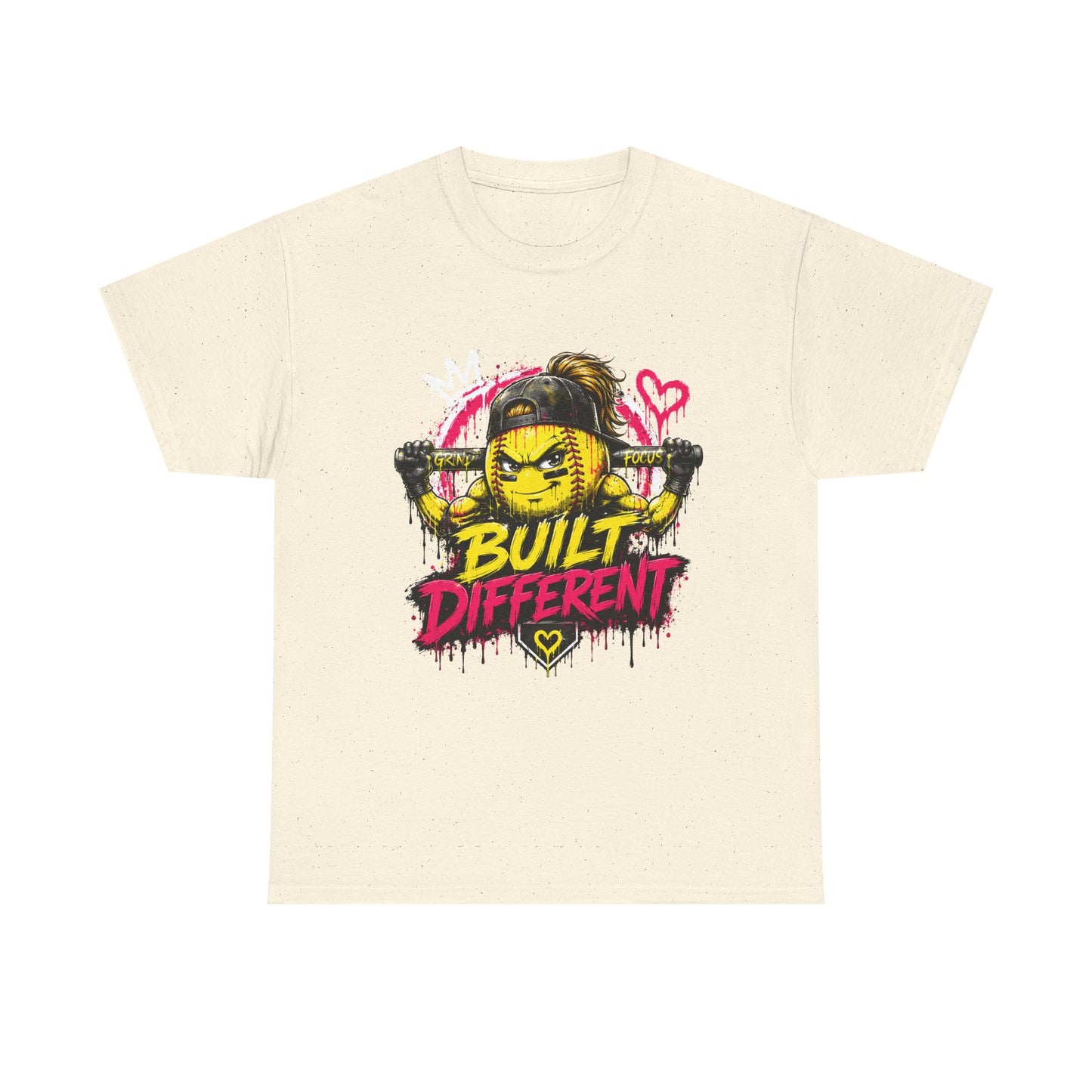 Built Different Softball Tee — Grunge Cartoon Muscular Player with Bat