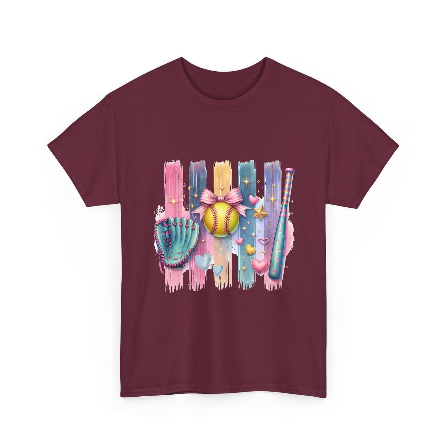 Softball Gear Watercolor T-Shirt — Baseball Bat, Glove & Ball Design