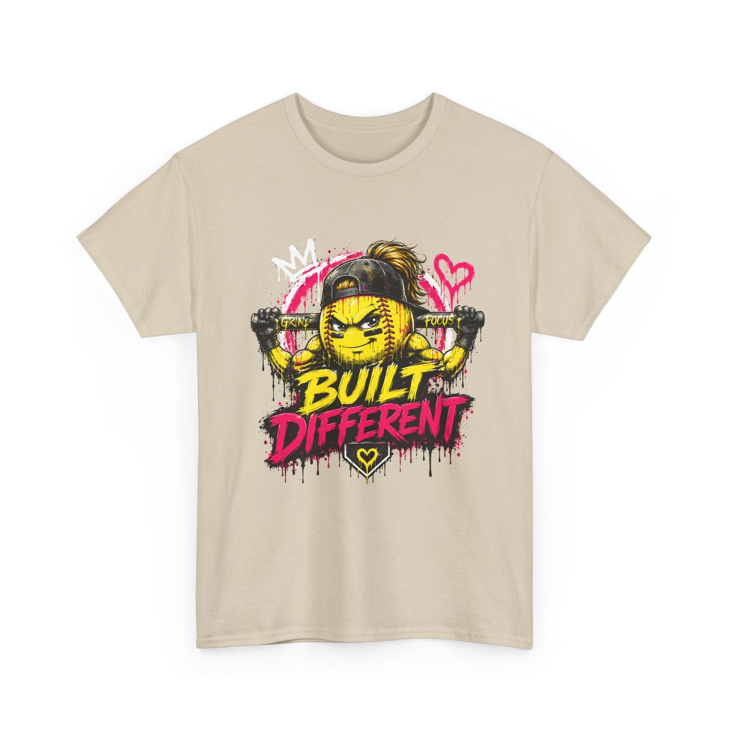 Built Different Softball Tee — Grunge Cartoon Muscular Player with Bat