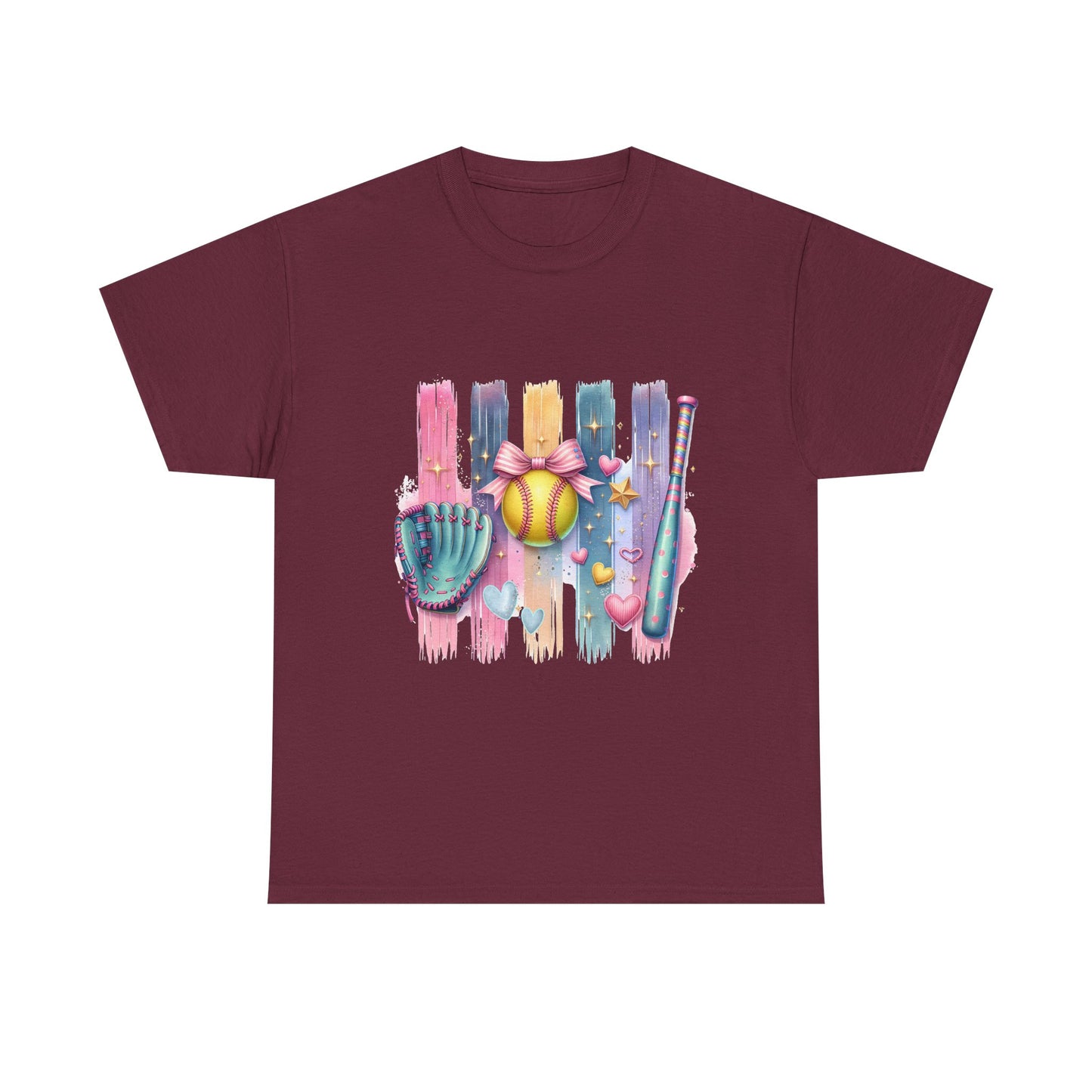 Softball Gear Watercolor T-Shirt — Baseball Bat, Glove & Ball Design