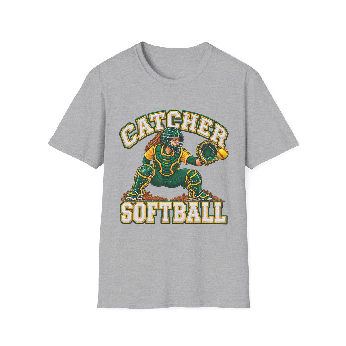 Catcher Softball T-Shirt — Vintage Green & Gold Softball Catcher Tee