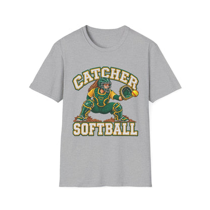Catcher Softball T-Shirt — Vintage Green & Gold Softball Catcher Tee