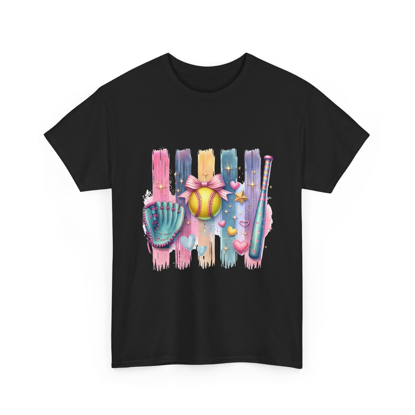 Softball Gear Watercolor T-Shirt — Baseball Bat, Glove & Ball Design