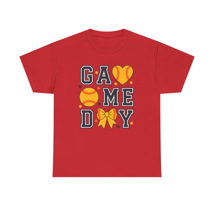 Game Day Softball T-Shirt — 'GAME DAY' Graphic with Hearts, Ball & Bow