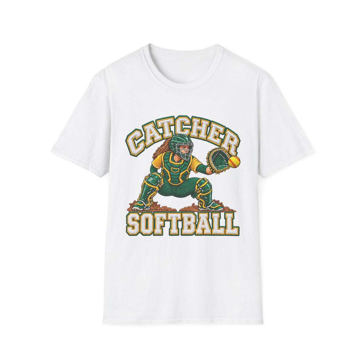 Catcher Softball T-Shirt — Vintage Green & Gold Softball Catcher Tee