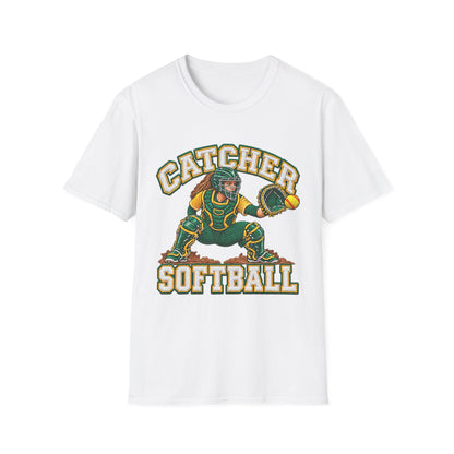 Catcher Softball T-Shirt — Vintage Green & Gold Softball Catcher Tee