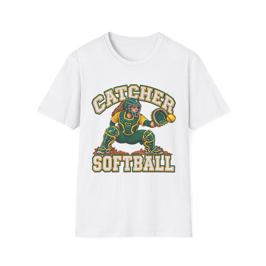 Catcher Softball T-Shirt — Vintage Green & Gold Softball Catcher Tee