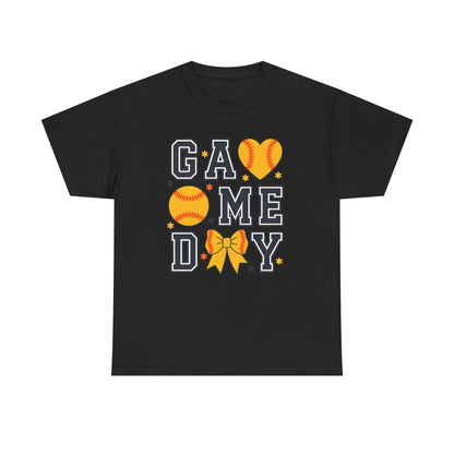 Game Day Softball T-Shirt — 'GAME DAY' Graphic with Hearts, Ball & Bow