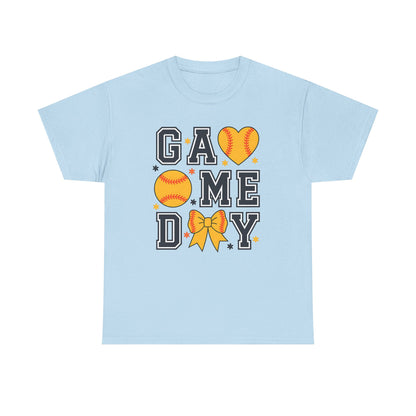 Game Day Softball T-Shirt — 'GAME DAY' Graphic with Hearts, Ball & Bow