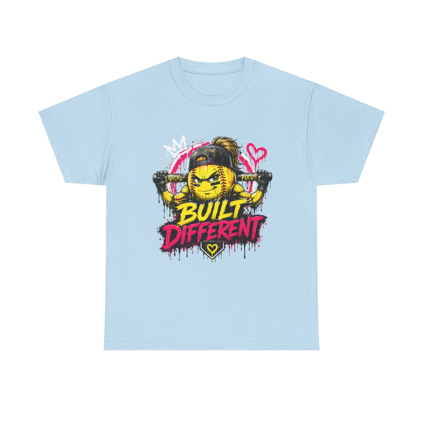 Built Different Softball Tee — Grunge Cartoon Muscular Player with Bat