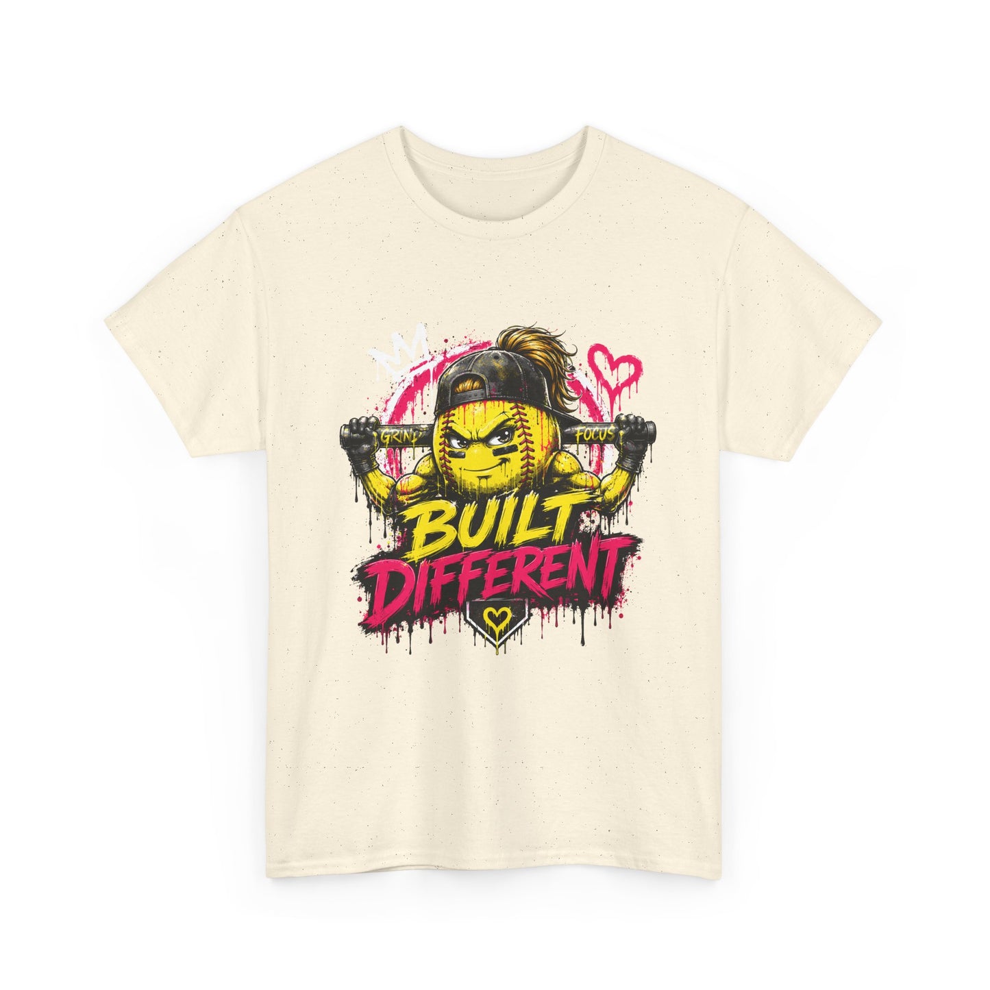Built Different Softball Tee — Grunge Cartoon Muscular Player with Bat