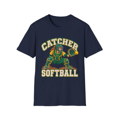 Catcher Softball T-Shirt — Vintage Green & Gold Softball Catcher Tee