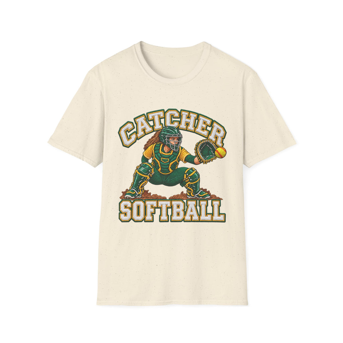 Catcher Softball T-Shirt — Vintage Green & Gold Softball Catcher Tee
