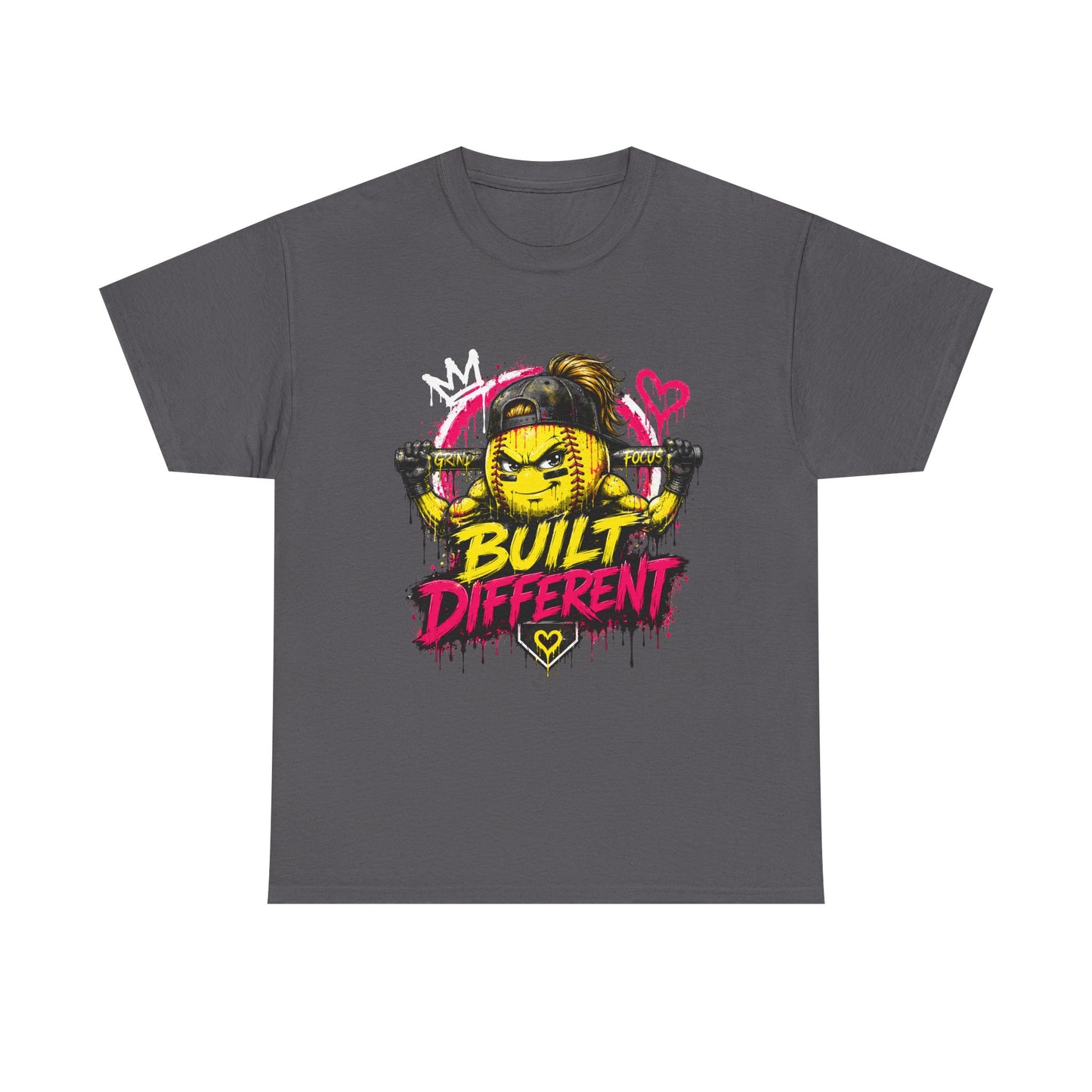 Built Different Softball Tee — Grunge Cartoon Muscular Player with Bat