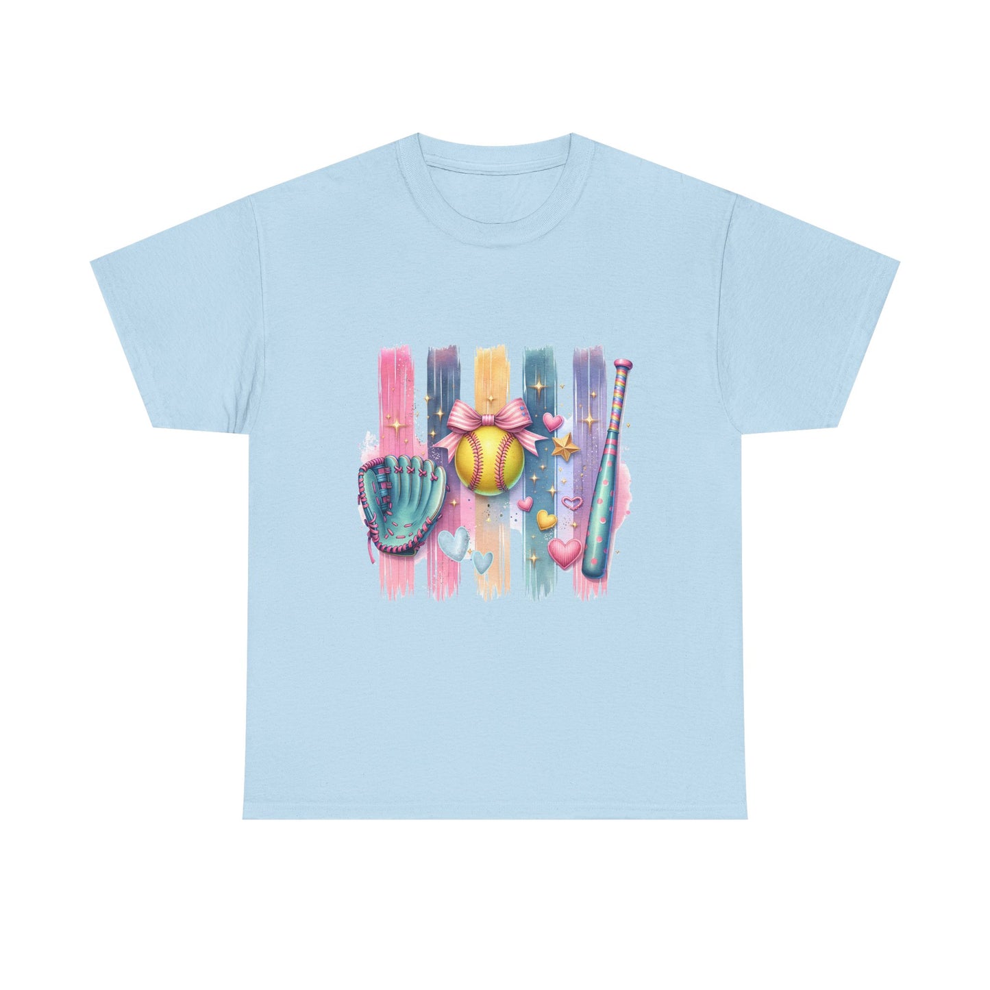 Softball Gear Watercolor T-Shirt — Baseball Bat, Glove & Ball Design