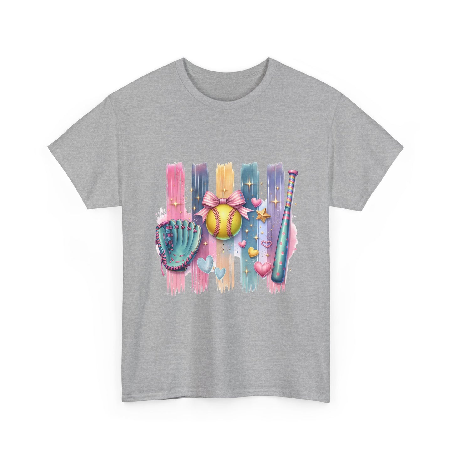Softball Gear Watercolor T-Shirt — Baseball Bat, Glove & Ball Design