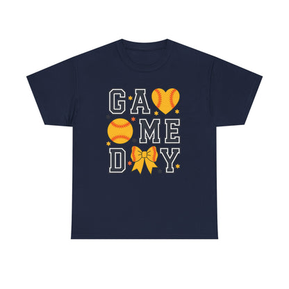 Game Day Softball T-Shirt — 'GAME DAY' Graphic with Hearts, Ball & Bow