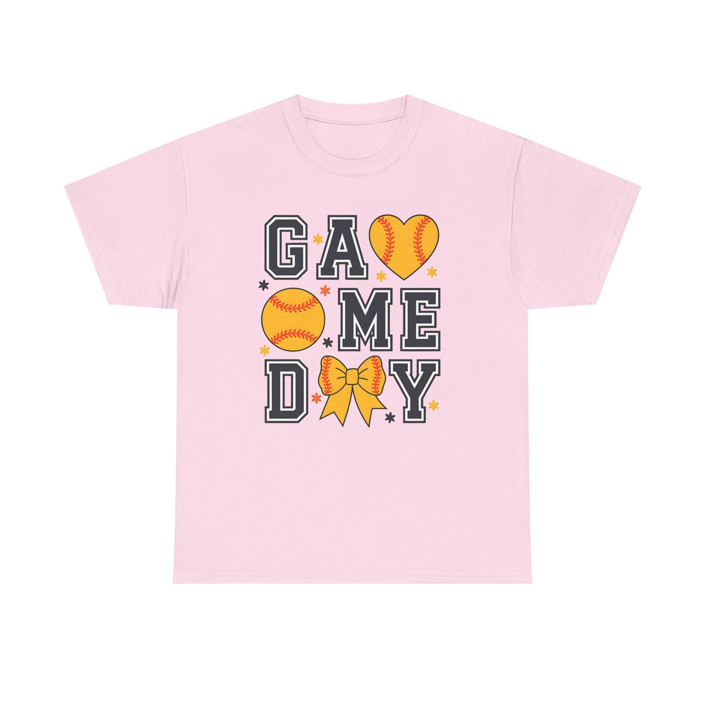 Game Day Softball T-Shirt — 'GAME DAY' Graphic with Hearts, Ball & Bow
