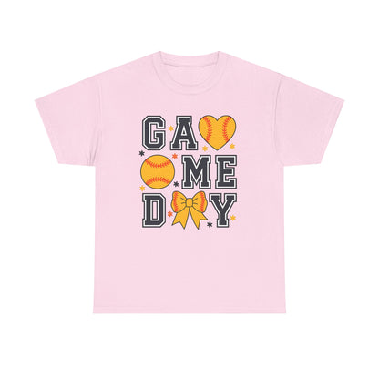 Game Day Softball T-Shirt — 'GAME DAY' Graphic with Hearts, Ball & Bow