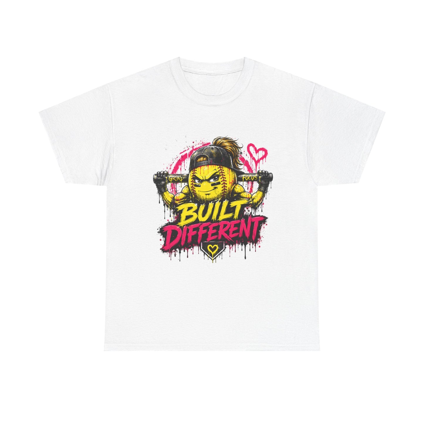 Built Different Softball Tee — Grunge Cartoon Muscular Player with Bat